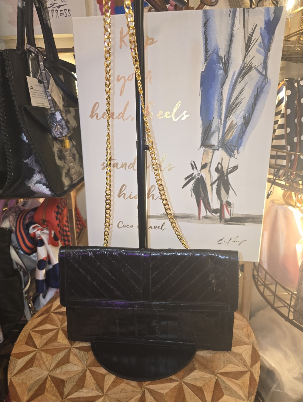 Victory Black Quilted Chain-Handle Shoulder Bag/Clutch 100% Eel Skin - Picture 3 of 14